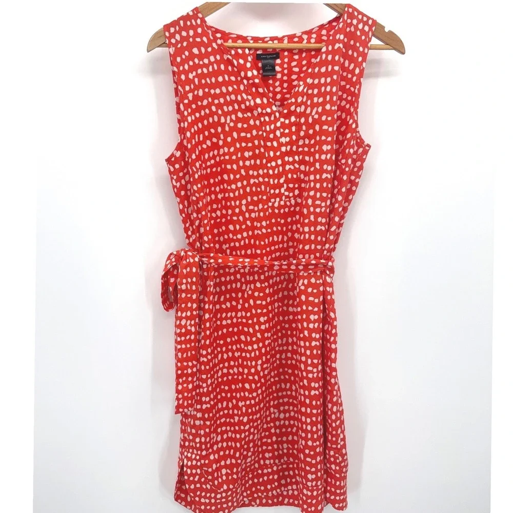 Ann Taylor Shift Womens Dress M Orange White Polka Dot Sleeveless Belted V-Neck